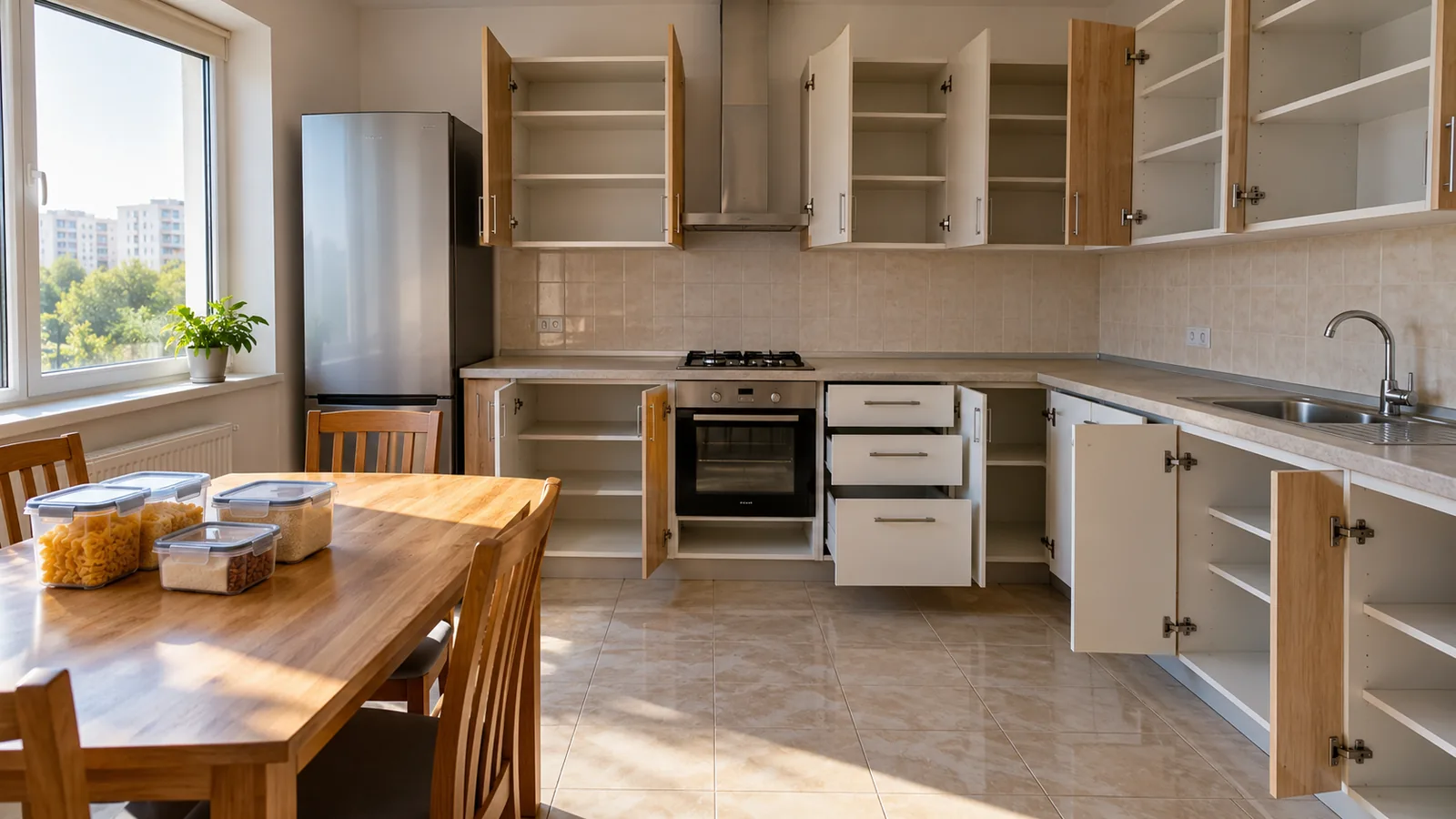 Bucătărie de apartament cu dulapurile golite și alimentele puse în cutii, pregătită pentru dezinsecție